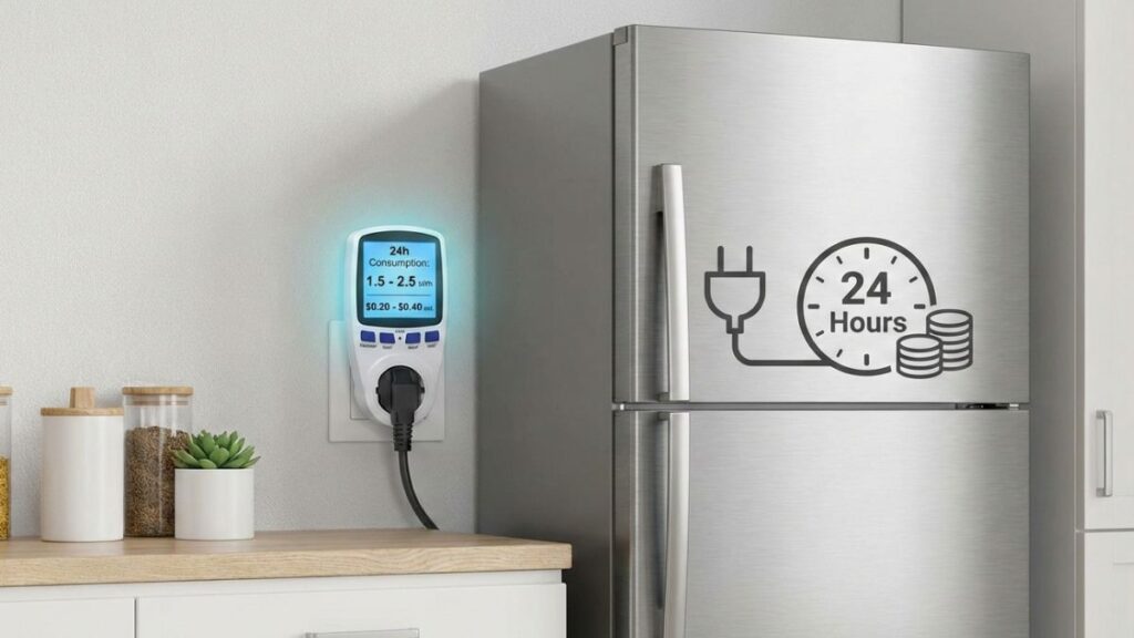 Refrigerator Electricity Bill running in a kitchen showing monthly electricity consumption and energy cost