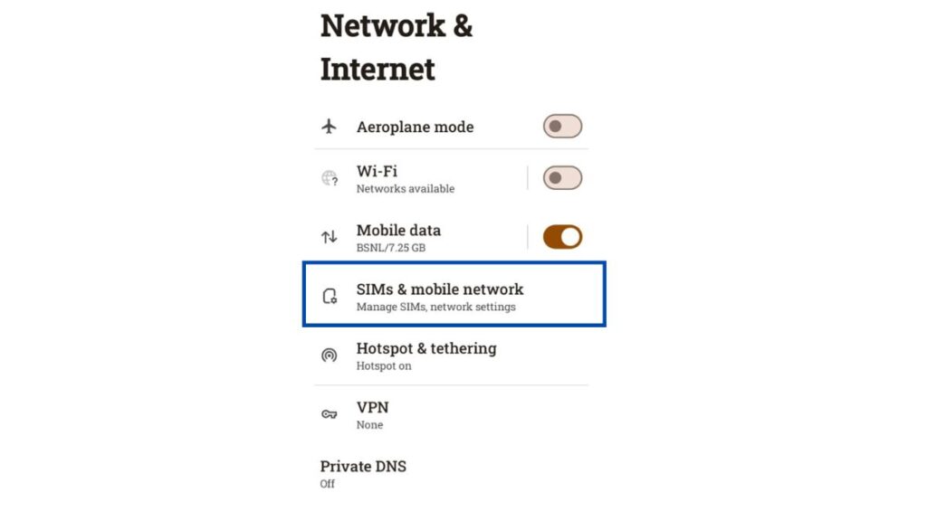 Android phone settings screen showing BSNL Wi-Fi Calling and VoWiFi activation options
