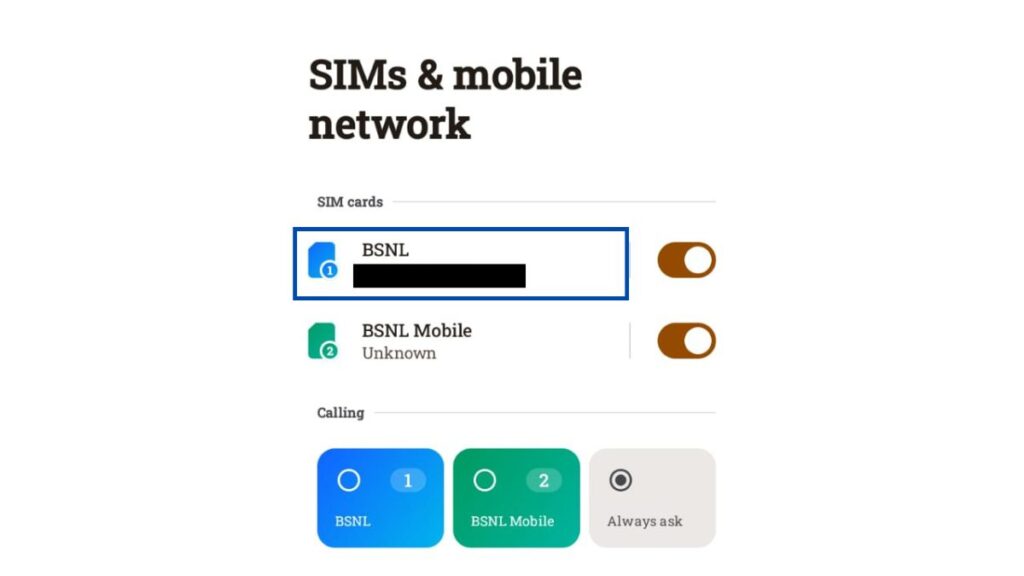 Android phone settings screen showing BSNL Wi-Fi Calling and VoWiFi activation options