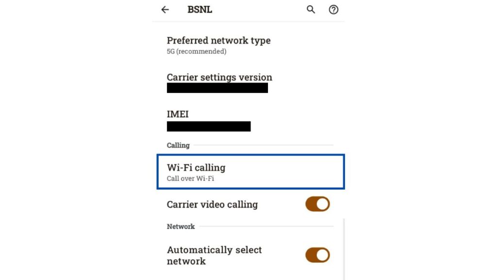 Android phone settings screen showing BSNL Wi-Fi Calling and VoWiFi activation options
