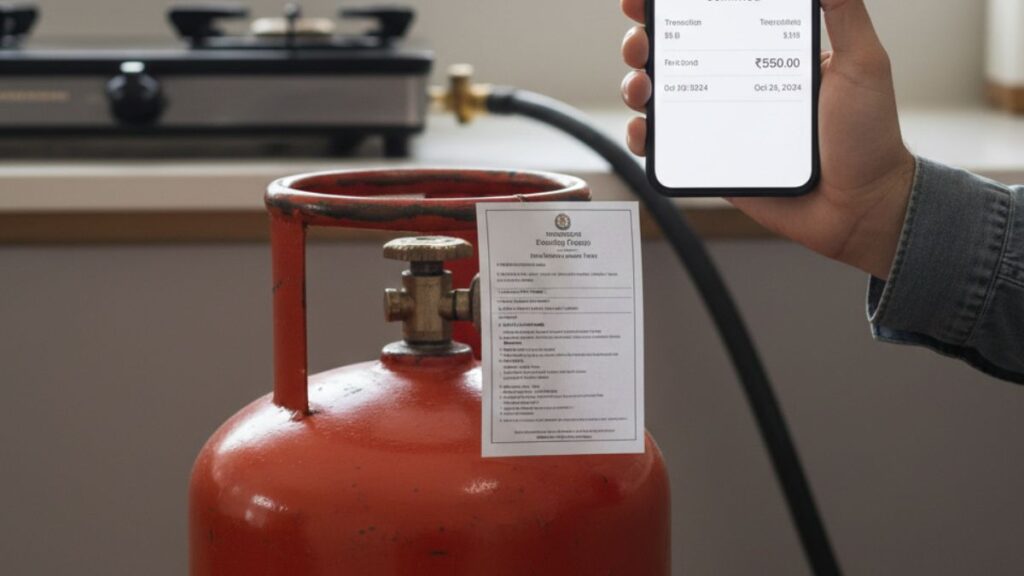 Close-up of a mobile screen showing LPG cylinder refund credited to the user’s bank account