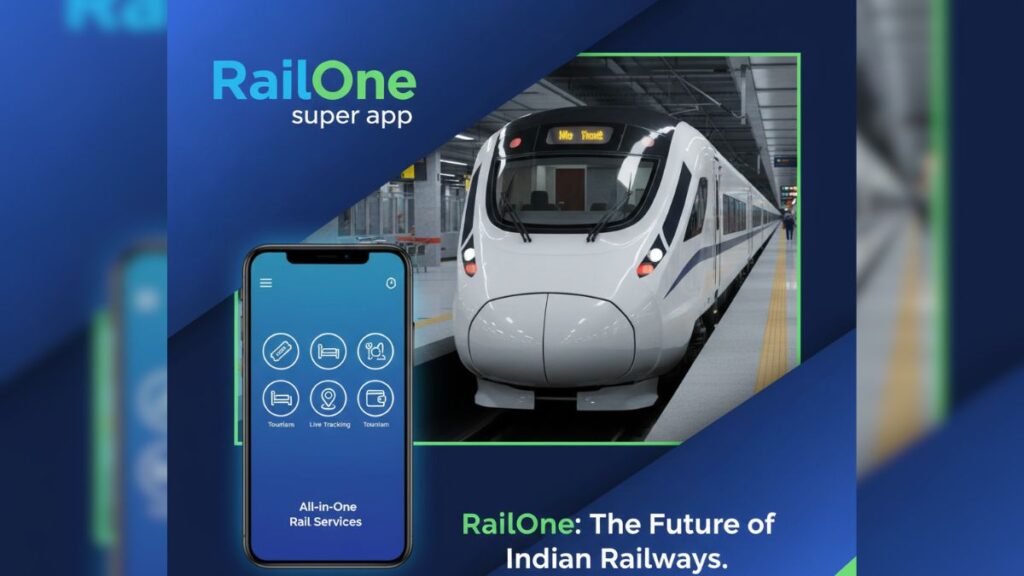 RailOne मोबाइल ऐप का इंटरफेस जिसमें ऑनलाइन टिकट बुकिंग, लाइव ट्रेन स्टेटस और ई-कैटरिंग सेवाओं के विकल्प दिखाई दे रहे हैं