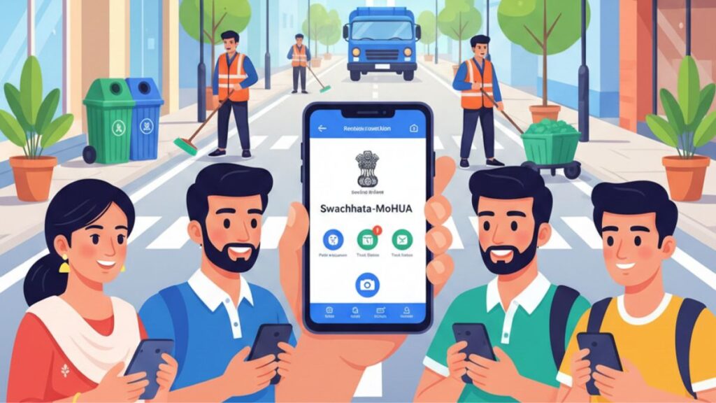 Swachhata-MoHUA App का चित्र जिसमें भारतीय नागरिक मोबाइल से स्वच्छता संबंधी शिकायत दर्ज करते हुए दिखाए गए हैं