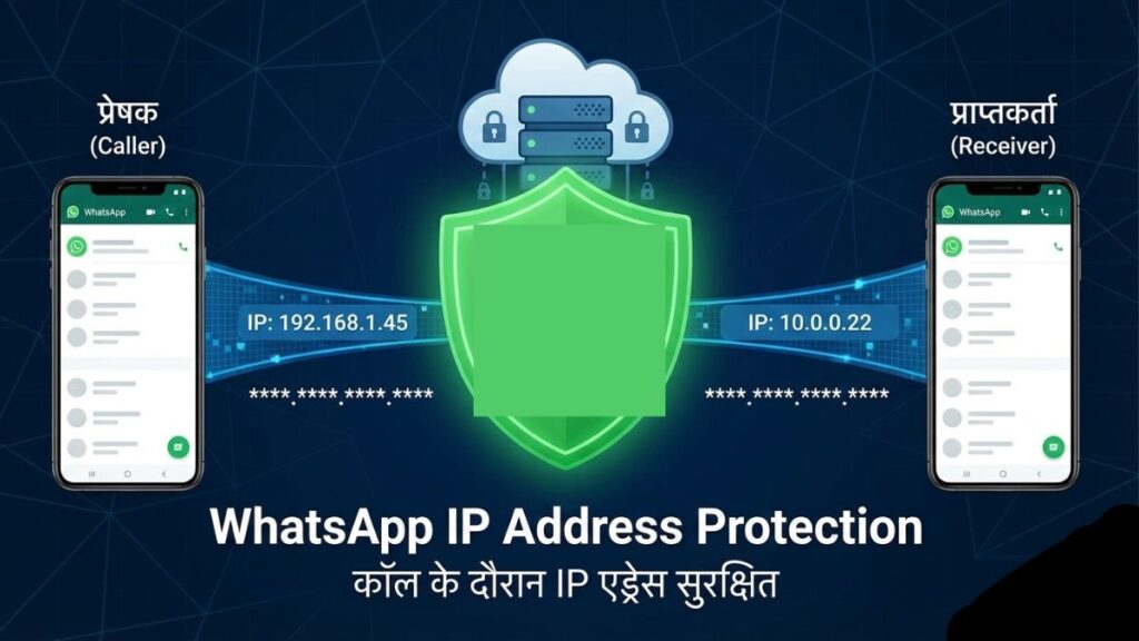 Screenshot showing WhatsApp app with IP address protection feature, keeping user location private.