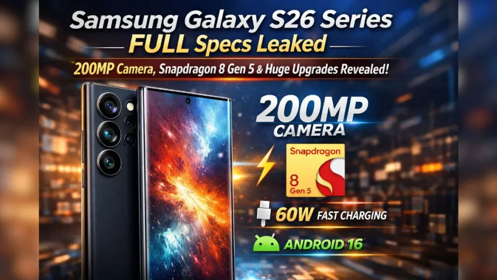 Samsung Galaxy S26 Series Ultra promotional image showing 200MP camera, Snapdragon 8 Gen 5 processor, 60W fast charging and Android 16 features