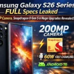 Samsung Galaxy S26 Series Ultra promotional image showing 200MP camera, Snapdragon 8 Gen 5 processor, 60W fast charging and Android 16 features